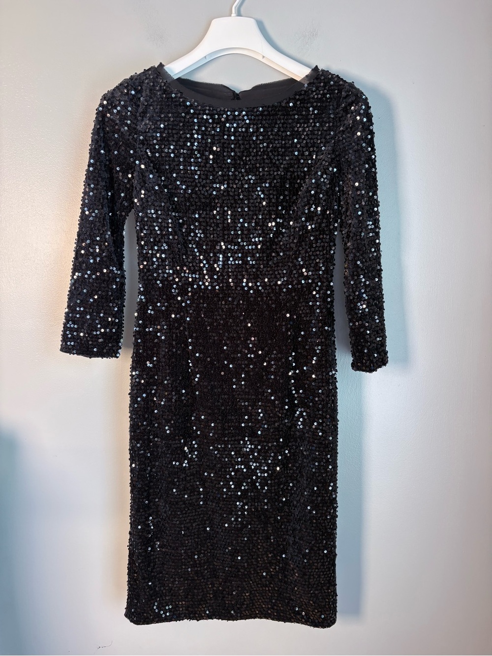 Eliza J Black Sequin Keyback Shift Dress Size 8 Long Sleeve Formal Cocktail Body